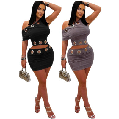 EVE Tight Velvet Slash Shoulder Top and Mini Skirt Two-Piece Set GDIM-2537