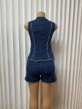 EVE Plus Size Diamond-studded Metal Buckle Top And Shorts Set GMYU-6673