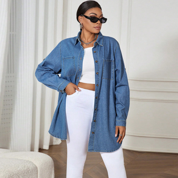 EVE Plus Size Long Sleeve Lapel Denim Shirt GDAM-218806