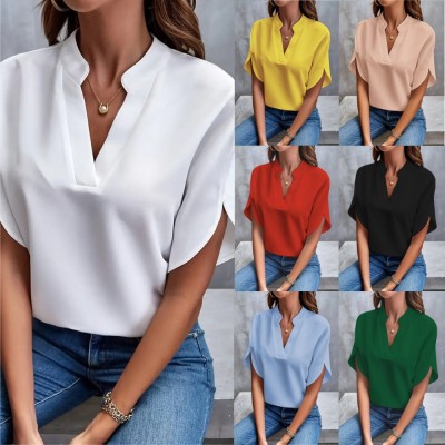 EVE Casual Solid Color V-Neck Blouses GSZE-ST24003