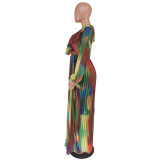 EVE V Neck Ruffles Print Maxi Dress GCYF-9528