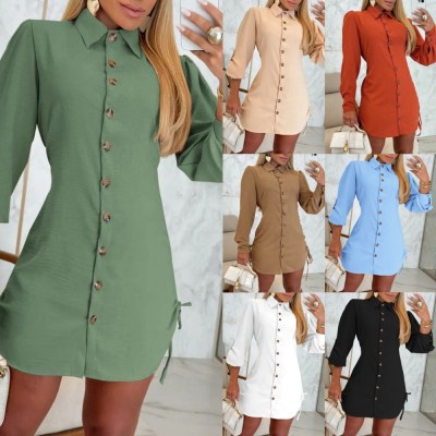 EVE Fashion Long Sleeve Solid Color Shirt Dress GSZE-ST24088