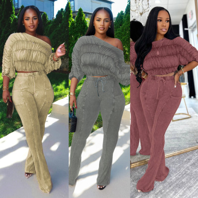 EVE Pleated Long Sleeve Tops Micro Pant Suit GTYZ-7595