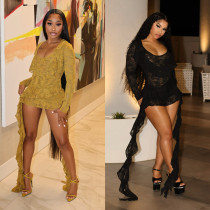 EVE Deep V Neck Ruffles Mini Dress GTYZ-7600