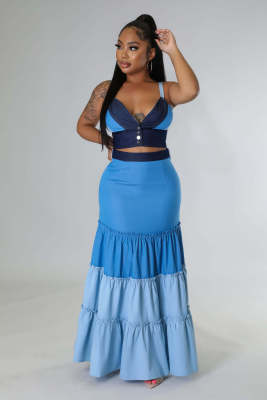 SC Contrast Color Wrap Chest Vest Long Skirt Suit GCYF-9349