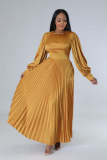 EVE O Neck Press Pleated Maxi Dress GCYF-9446