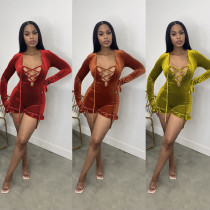 EVE Velvet Long-Sleeve Lace-Up Jumpsuit GCYF-9162