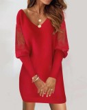 EVE V Neck Long Sleeve Lace Patchwork Mini Dress GSZE-ST23336