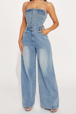 EVE Denim Wrap Chest Washed Jumpsuit GKNF-6999