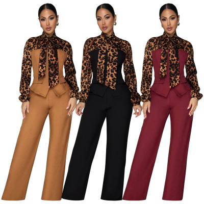 EVE Leopard Print Tie Up Shirt Pants Suit YF-10934