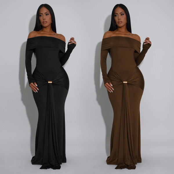 EVE One Shoulder Long Sleeve Maxi Dress BY-7559
