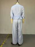 EVE V Neck Stripe Shirt Wide Leg Pants Suit GCNE-72925