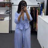 EVE V Neck Stripe Shirt Wide Leg Pants Suit GCNE-72925