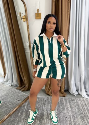 EVE Stripe Long Sleeve 2 Piece Shorts Set GXKQ-SX0504