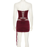 EVE Leather Patchwork Ruched Skirt Suit GWEN-JWKT26438
