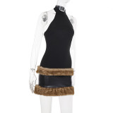 EVE Leather Furrzy Patchwork Mini Dress GPKJ-MR45047