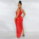 EVE Single Shoulder Sequin Tassel Midi Dress GXRF-QC057