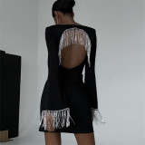 EVE Backless Tassel Flare Sleeve Mini Dress GXRF-QC100