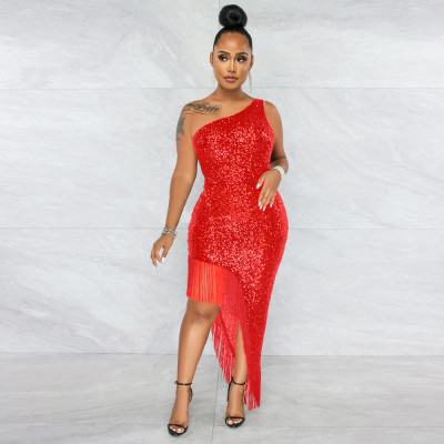 EVE Single Shoulder Sequin Tassel Midi Dress GXRF-QC057