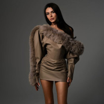 EVE PU Leather Fur Patchwork Mini Dress XEF-K25D81955