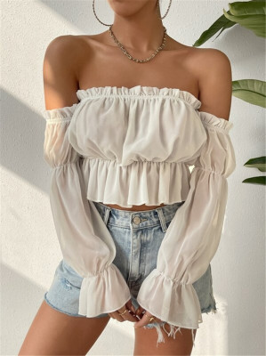 EVE Off Shoulder Ruffles Chiffon Gathered Blouse GZYF-1012