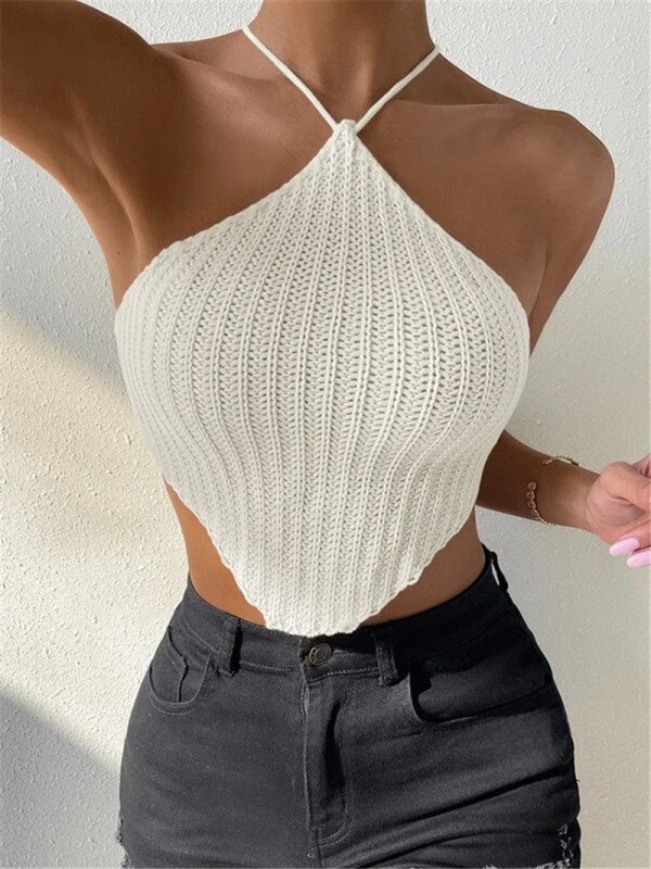EVE Tie Up Halterneck Backless Knits Tank Tops GZYF-1009
