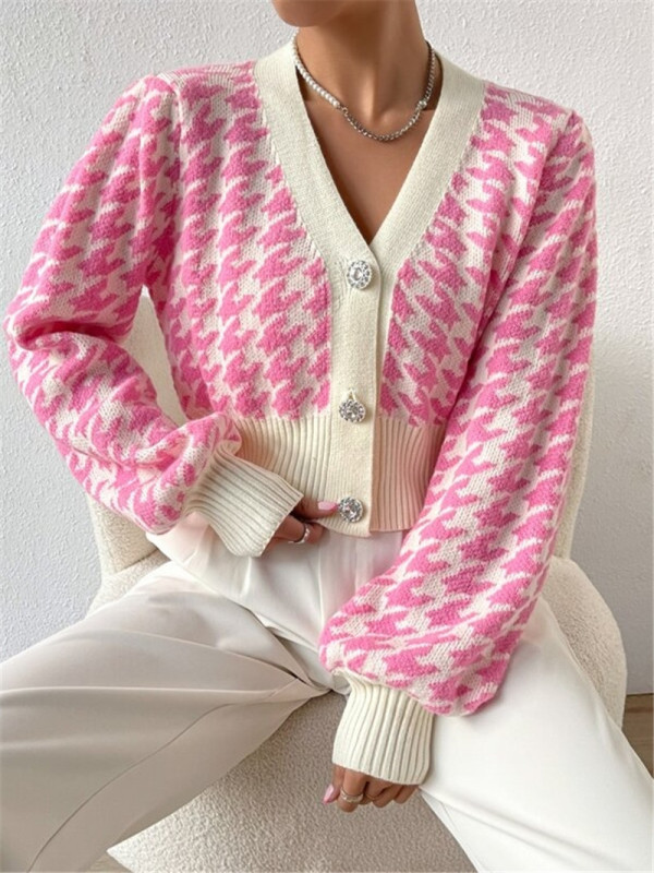 EVE Houndstooth-Patterned Knit Cardigan Coat GZYF-1087