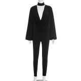 EVE Deep V Neck Solid Color Two Piece Pant Set MXBF-J25ST352