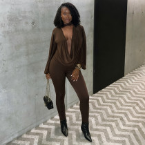 EVE Deep V Neck Solid Color Two Piece Pant Set MXBF-J25ST352