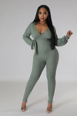 EVE Solid Color Tie Up Two Piece Pants Suit XHXF-8729