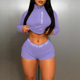 EVE Letter Print Zipper Two Piece Shorts Set HNIF-1127