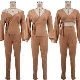 EVE Solid Color Tie Up Two Piece Pants Suit XHXF-8729