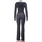 EVE Polka Dot Hooded Zipper Two Piece Pants Set FL-25531