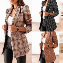 EVE Plus Size Long Sleeve Plaid Print Blazer Coat GWTC-W0273