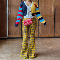 EVE Fashion Vintage Plaid Print Flared Pants GSBD-D25PT453