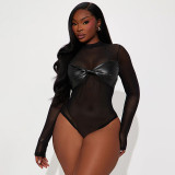 EVE Solid Color Sexy Mesh PU Leather Long Sleeve Bodysuit GSBD-J25BS353