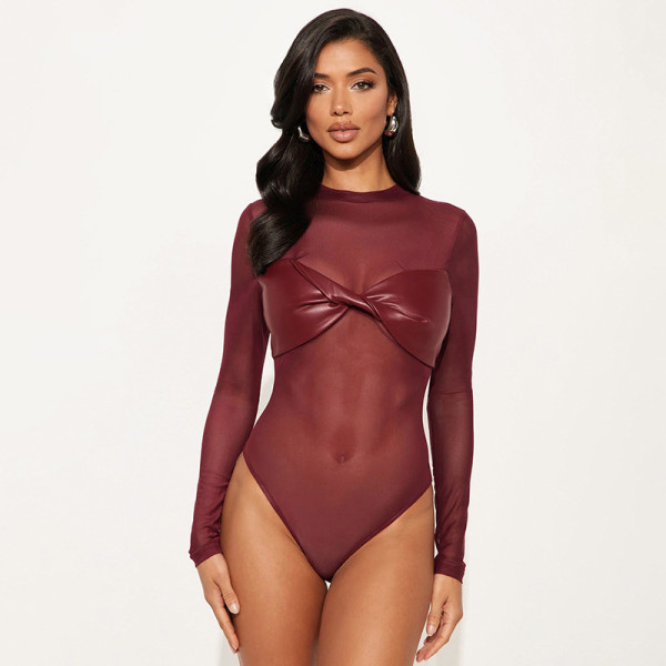 EVE Solid Color Sexy Mesh PU Leather Long Sleeve Bodysuit GSBD-J25BS353
