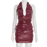 EVE Sexy Solid Color Faux Leather Halter Neck Pleated Mini Dress GSBD-J25DS356
