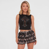 EVE Cross Embroidered Rhinestone Pattern Tank Tops GSBD-Q25TP165