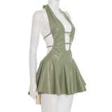 EVE Sexy Faux Leather Backless Mini Dress GSBD-D25DS434