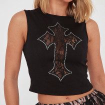 EVE Cross Embroidered Rhinestone Pattern Tank Tops GSBD-Q25TP165