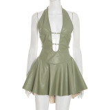 EVE Sexy Faux Leather Backless Mini Dress GSBD-D25DS434