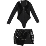 EVE See Through Mesh Leather Patchwork Bodysuit Skirt Suit GZJQ-K25S85634