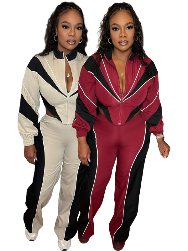 EVE Contast Color Patchwork Zipper Two Piece Pant Set CH-25062