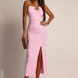 EVE Solid Color Halterneck Sling Midi Dress GAXB-W428DS
