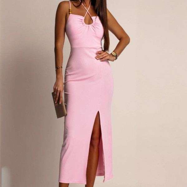 EVE Solid Color Halterneck Sling Midi Dress GAXB-W428DS