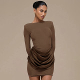 EVE Solid-Color Long-Sleeve Gathered Mini Dress GSZM-C25DS334