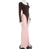EVE Color Block Ruched Slim Maxi Dress GSZM-J25DS383