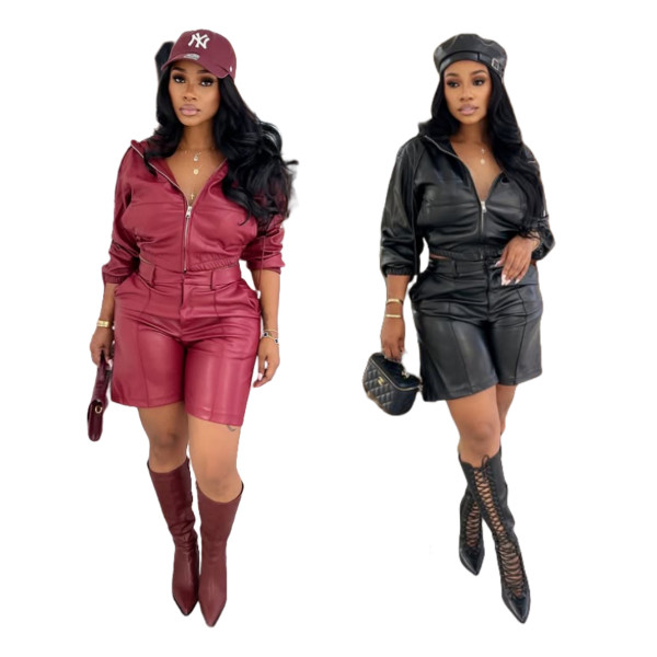 EVE Leather Long Sleeve Hooded Two Piece Shorts Set MEM-88672