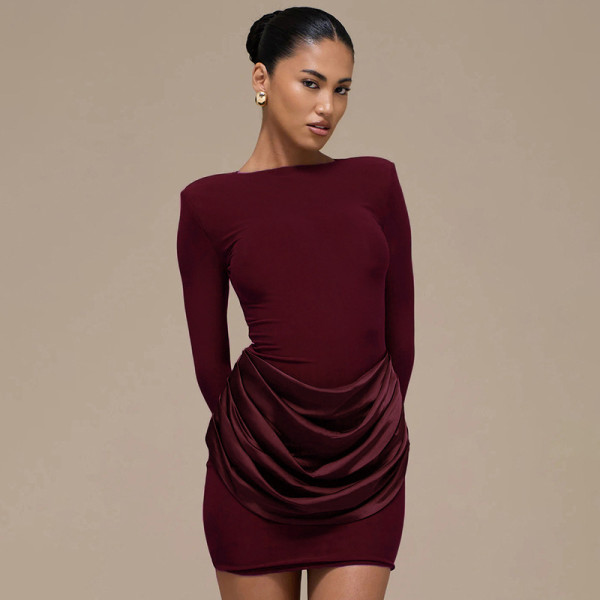 EVE Solid-Color Long-Sleeve Gathered Mini Dress GSZM-C25DS334